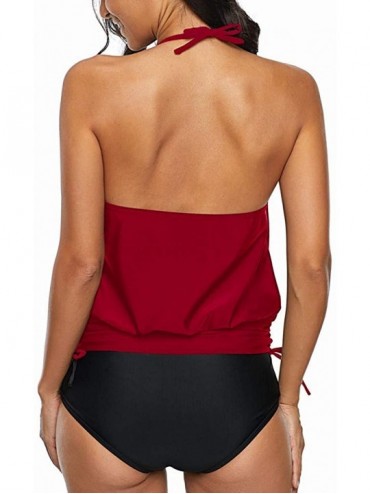 Racing Women Two Piece Tankini Solid Bikini Sets Loose Swimsuits Swimwear Beach Suit Bathing Suit Beachwear - Wine - CA18O47G...