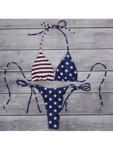 Sets Women's Sexy Halter Thong Bikini Tie Two Sides Bottom Triangle Bikini Swimsuits - American Flag - C618TITN4W7 $21.27
