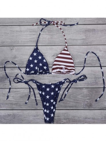 Sets Women's Sexy Halter Thong Bikini Tie Two Sides Bottom Triangle Bikini Swimsuits - American Flag - C618TITN4W7 $21.27