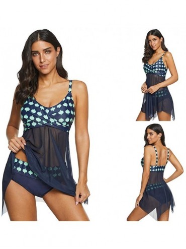 Sets Swimsuits for Women- Two Pieces Plus Size Tankini Sets See-Through Tops Irregular Hem Pattern with Shorts - Blue - C6194...