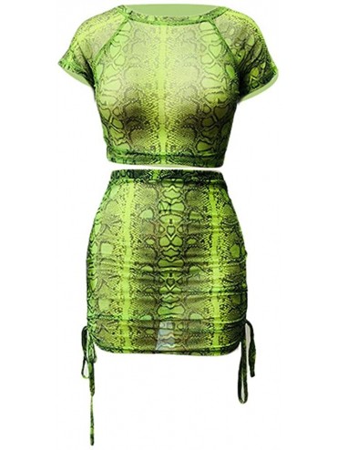 Cover-Ups Women 2 Piece Dress Snakeskin Print Mesh Crop Top Lace Up Mini Skirt - Green - CB18SALM6IM $33.64