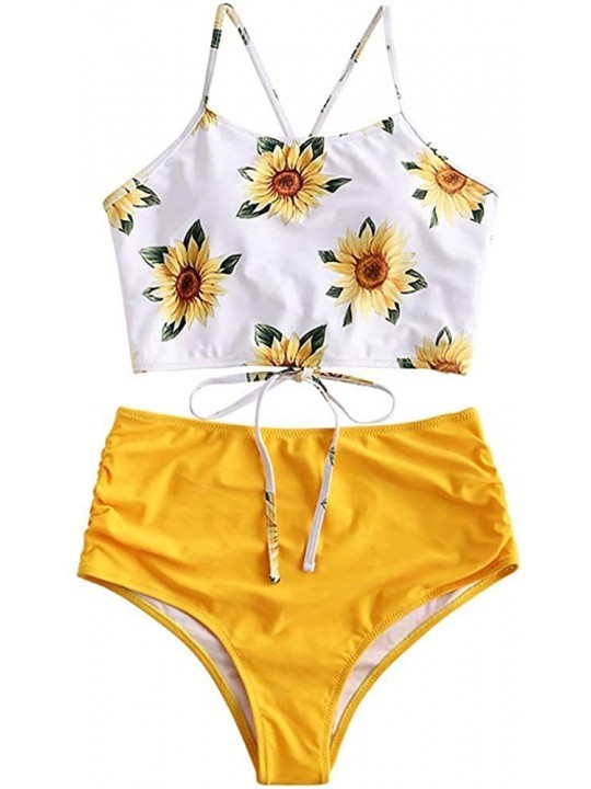Sets Women's Criss Cross Sunflower Printed Tankini Set High Waisted Swinsuit Bathing Suits - Yellow - CP196WWQTZM $20.98