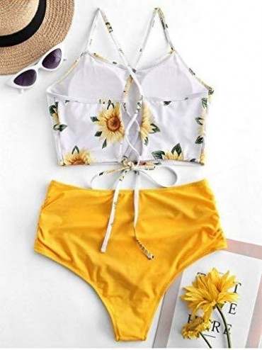 Sets Women's Criss Cross Sunflower Printed Tankini Set High Waisted Swinsuit Bathing Suits - Yellow - CP196WWQTZM $20.98