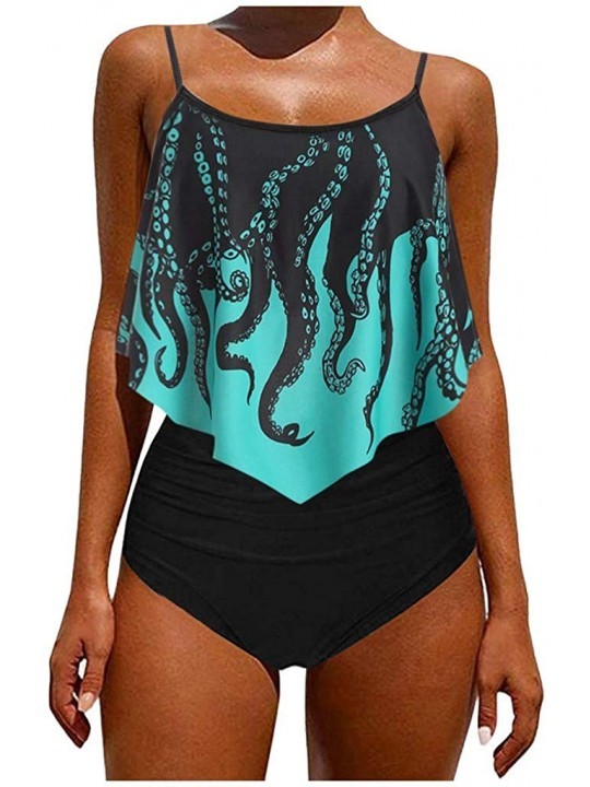 Sets Women's Octopus Print Push Up Padded Overlay Flounce Swimsuits Strappy Tankini Swimwear Two Piece Set with Bottom Green ...