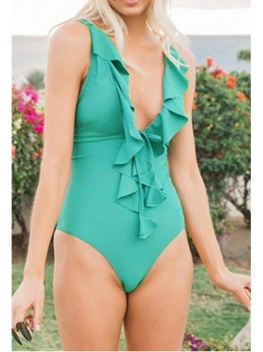 One-Pieces Women's One Piece Swimsuit Halter Cutout Deep V Ruffle Bikini Backless Bathing Suit Monokini Swimwear - Green - C1...