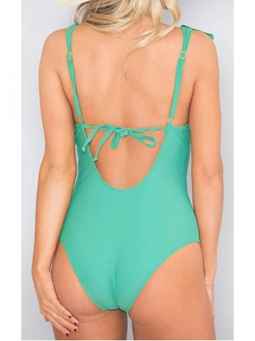One-Pieces Women's One Piece Swimsuit Halter Cutout Deep V Ruffle Bikini Backless Bathing Suit Monokini Swimwear - Green - C1...