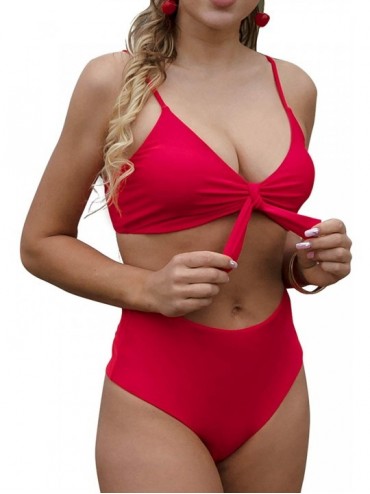 Sets Womens High Waisted Bikini Set Tie Knot High Rise Two Piece Swimsuits Bathing Suits - Red - CL18NAL9TH2 $53.48