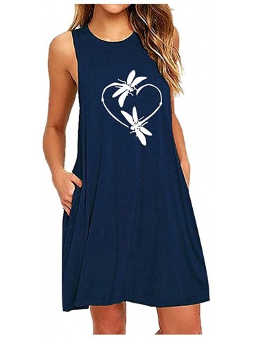 Cover-Ups Women Summer Casual T Shirt Dresses Beach Cover up Tank Dress Daisy Printing Sleeveless A Line Casual Dress Navy 1 ...