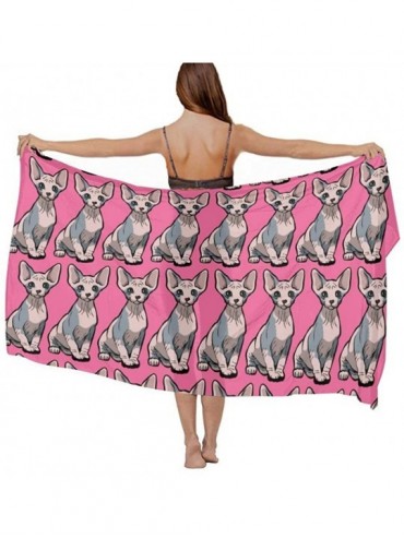 Cover-Ups Women Luxury Chiffon Swimwear Cover Up- Oversize Beach Sarong Shawl Wrap - Sitting Sphynx Cat Pink - C319C6N3ULQ $2...
