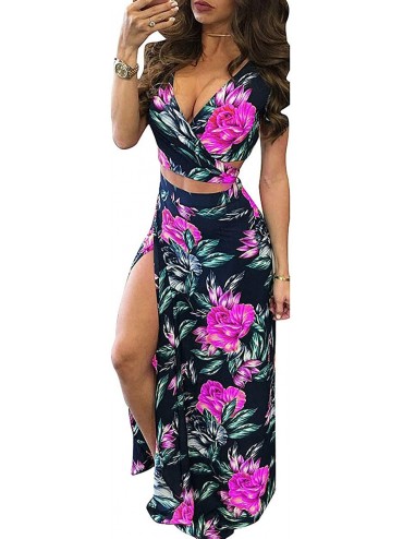 Cover-Ups Women's Sexy V Neck Floral Printed Side Slit Two-Piece Maxi Dress for Summmer Party Beach - Rose Red - CO18OW0M7UG ...