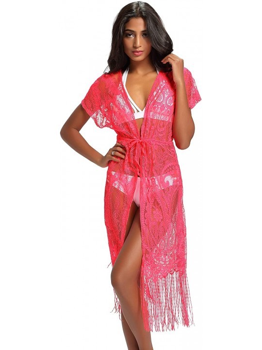 Cover-Ups Summer Womens Beach Wear Cover up Swimwear Bikini Lace Floral Long Maxi Beach Dress - 1-hot Pink - CL182Z4QMDL $25.86