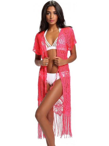 Cover-Ups Summer Womens Beach Wear Cover up Swimwear Bikini Lace Floral Long Maxi Beach Dress - 1-hot Pink - CL182Z4QMDL $25.86