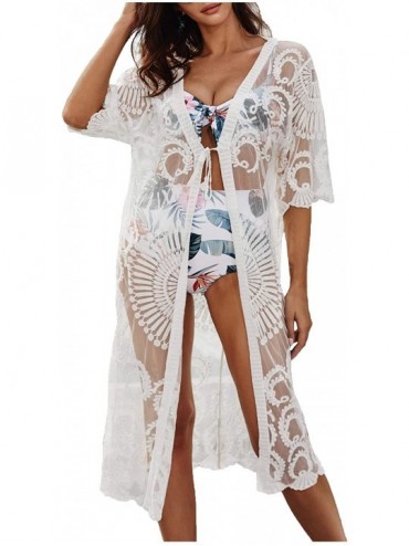 Cover-Ups Womens Bikini Cover Ups Beach Casual Dress Coverup Swimsuits Long Cardigan Buttons Chiffon Embroider Flower White 2...