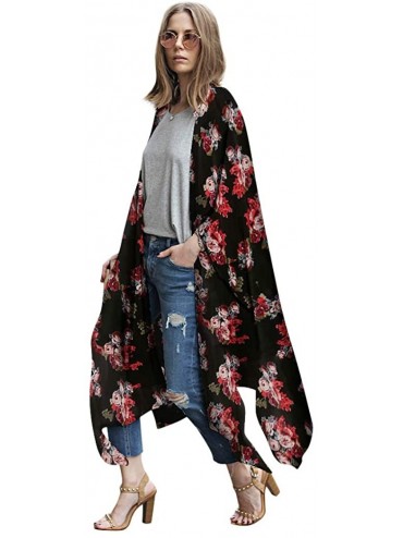 Cover-Ups Womens Floral Print Chiffon Kimono Cardigans Loose Beach Cover Up Puff Sleeve Blouse Tops - (Long)black - CR18TXUEX...