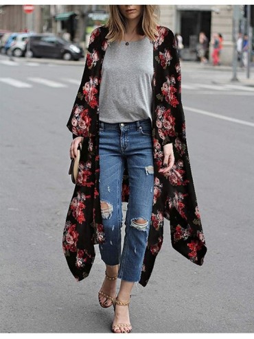 Cover-Ups Womens Floral Print Chiffon Kimono Cardigans Loose Beach Cover Up Puff Sleeve Blouse Tops - (Long)black - CR18TXUEX...