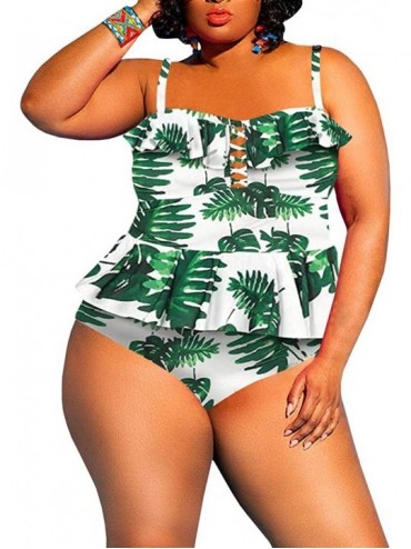 One-Pieces Women's Plus Size Swimsuit 2 Piece Floral Printed Ruffle Tummy Control Peplum Tankini Beach Swimwear - Green - C91...