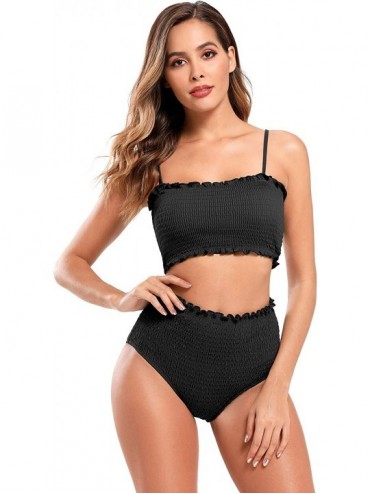 Sets Women's Bathing Suit Shirred Bandeau Bikini High Waist Two Piece Swimsuits - Black - CQ18ZSOMGUA $56.16