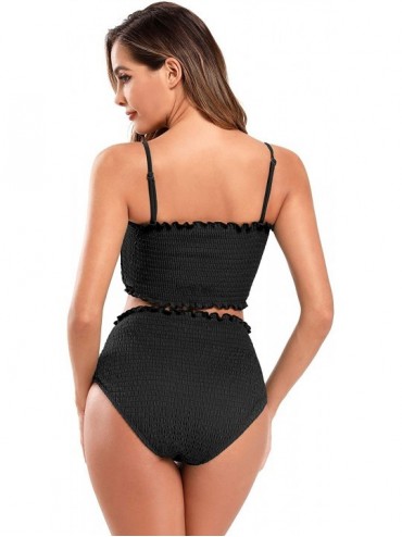 Sets Women's Bathing Suit Shirred Bandeau Bikini High Waist Two Piece Swimsuits - Black - CQ18ZSOMGUA $29.56