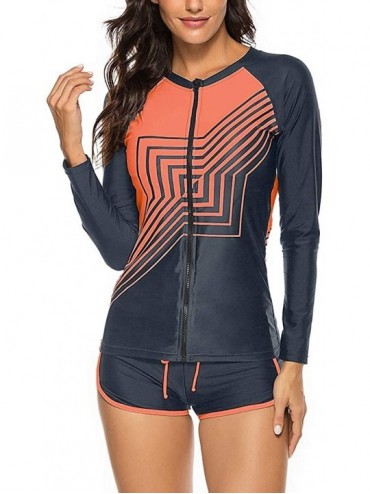Rash Guards Womens Long Sleeve Rashguard Swimsuit Sport Swimwear Tankini Set - Geometry Black Orange - CI190MRWWOR $50.01