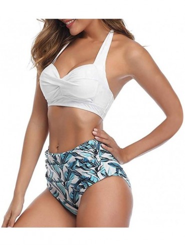 Tankinis Swimsuits for Women- Women Vintage Swimsuit Two Piece Retro Halter Ruched High Waist Bikini Set - Zz-white - CB1960X...