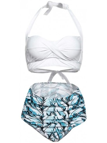 Tankinis Swimsuits for Women- Women Vintage Swimsuit Two Piece Retro Halter Ruched High Waist Bikini Set - Zz-white - CB1960X...