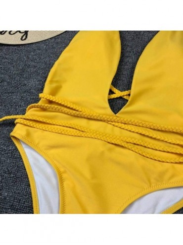 One-Pieces Womens Sexy Deep V Neck High Waist Multi-Way Bandage One Piece Swimsuits Swimwear - Yellow - CN18ROSAHE4 $17.47
