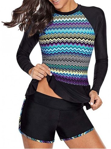 Tankinis Womens Long Sleeve Vibrant Print Rashguard Shirt Side Ties Color Block Tankini Swimsuit - Multi Color - CX18NLN7DRH ...