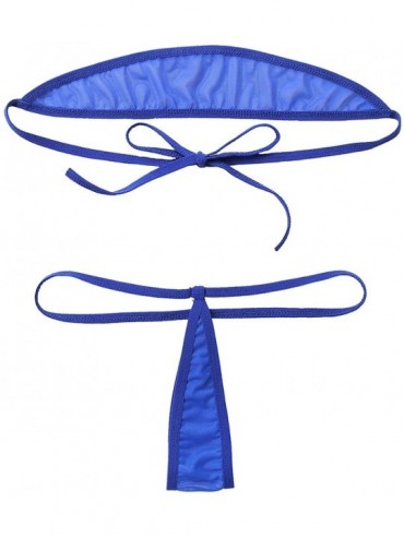 Sets Women's Off Shoulder Self Tie Sling Shot Micro Bikini Set Two Piece Swimsuit Tie Side G String Royal Blue Sheer Mesh - C...