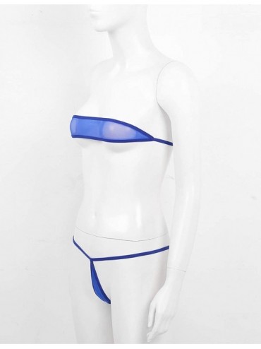 Sets Women's Off Shoulder Self Tie Sling Shot Micro Bikini Set Two Piece Swimsuit Tie Side G String Royal Blue Sheer Mesh - C...