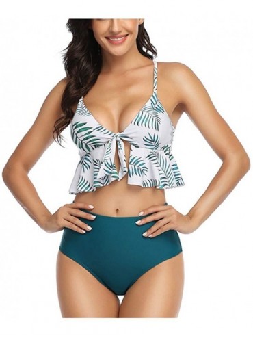 Sets Womens 2 Piece Swimming- Cute Sleeveless Swimwears Suit Ruffled Hem High Waised Bikini Beachwear - Blue - CI193XHKLCX $2...