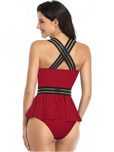 Tankinis Women's Tummy Control Swimwear Tankini Set Ruffled Swimsuit Swimdress Two Piece Bathing Suit - Maroon Red - CY194LN0...
