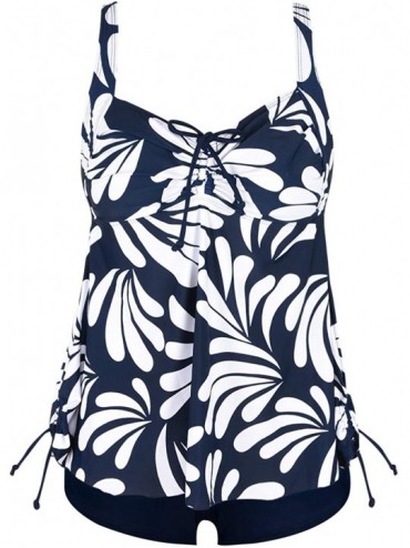 Sets Women's Plus Size Swimwear Floral Tankini Set Drawtring Modest Two Piece Swimsuit - Navy&white - CX19ERXKLAH $54.57