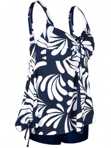 Sets Women's Plus Size Swimwear Floral Tankini Set Drawtring Modest Two Piece Swimsuit - Navy&white - CX19ERXKLAH $30.65