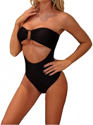 One-Pieces Women's Underboob Crop One Piece Cutout High Waist Thong Bandeau Swimsuits - Black-1 - CI18CEIIL72 $22.08