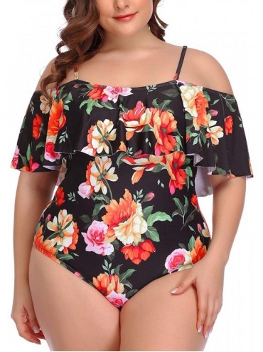 One-Pieces Plus Size Swimsuits for Women One Piece Off Shoulder Bathing Suits Ruffle Swimwear - Orange Floral - C11900L6AMI $...