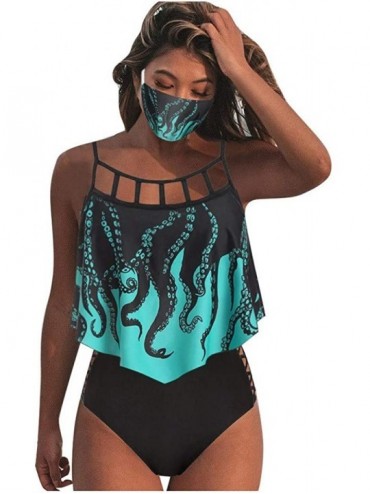Sets Swimsuits for Women 2020- Two Piece Bathing Suits Ruffled Flounce Top with High Waisted Bottom Bikini Set - Octopus Gree...