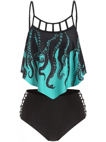 Sets Swimsuits for Women 2020- Two Piece Bathing Suits Ruffled Flounce Top with High Waisted Bottom Bikini Set - Octopus Gree...