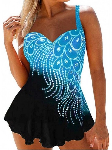 Tankinis Peacock Feather Print Tankini Swimsuits for Women Tummy Control Loose Swimdress Set Skirted Bathing Suit Sky Blue - ...