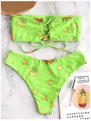 Sets Women's Sun Star and Moon Printed Strapless Bathing Suit Lace up Bandeau Bikini Set Two Pieces Swimsuit - Green - CH18UI...