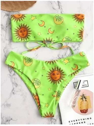 Sets Women's Sun Star and Moon Printed Strapless Bathing Suit Lace up Bandeau Bikini Set Two Pieces Swimsuit - Green - CH18UI...