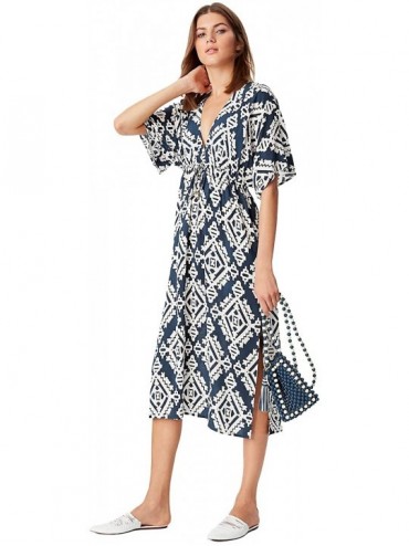 Cover-Ups Women's Printed Long Maxi Beach Dress/Swimsuit Cover Up - Navy - C018HYIGORD $20.54