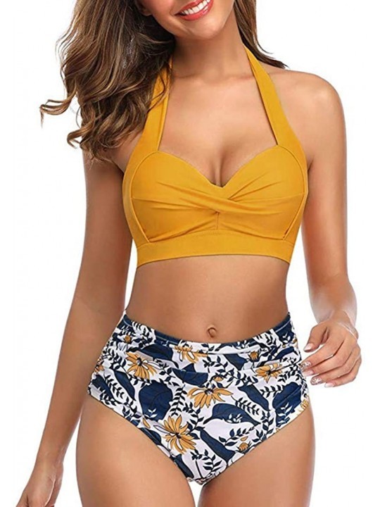 Sets Swimsuits for Women Two Piece Bathing Suits Vintage Halter Ruched Top High Waist Bottom Bikini Set - Yellow - C6193WS3IS...