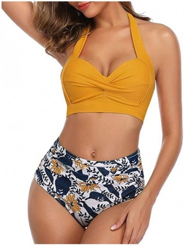 Sets Swimsuits for Women Two Piece Bathing Suits Vintage Halter Ruched Top High Waist Bottom Bikini Set - Yellow - C6193WS3IS...