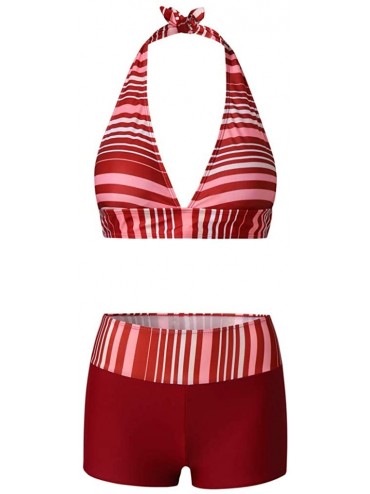Racing Women's Two Piece Swimsuit Halter Striped Print Top with Boyshort Bottoms Bathing Bikini Suit - Wine - CL1966X6G90 $12.48