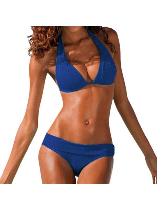 Sets Women's Bikini Set Swimsuit Solid Color Ruched Halter Neck Two-Piece Bathing Suit Beachwear - Blue - C5194TRU5Q6 $15.00