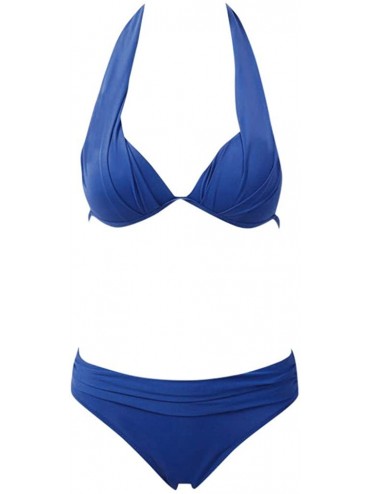 Sets Women's Bikini Set Swimsuit Solid Color Ruched Halter Neck Two-Piece Bathing Suit Beachwear - Blue - C5194TRU5Q6 $15.00