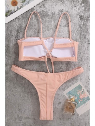 Sets Womens Cheeky Bikini High Cut Thong Swimsuit Two Piece Bandeau Bathing Suit Neon Pink Swimwear Beige Bikinis Set - CN193...