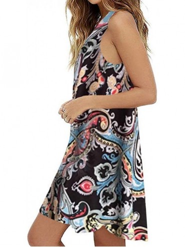 Cover-Ups Women's Summer Floral Print Mini Dresses Sleeveless Beach Cover Up T Shirt Tank Dress Sundress - 02-black - CK18SYX...