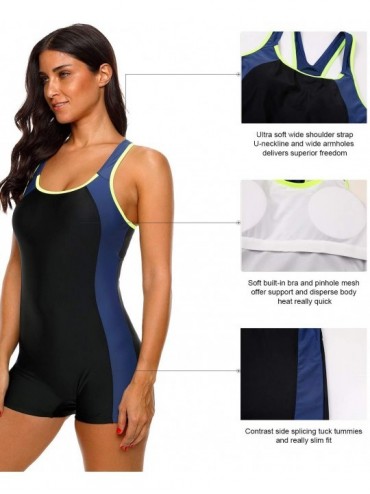One-Pieces Women's Swimsuit Boyleg Racerback One Piece Athletic Bathing Suit - Black/Navy - CT1827AK9IY $24.69