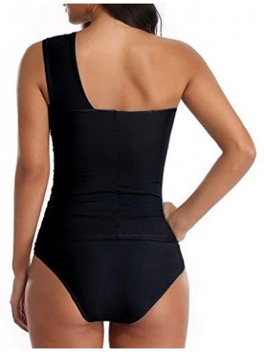 Tankinis Women Tankini Ruched One Shoulder Tummy Control Top High Neck Swimsuits - Black - C9187MZ6WAD $30.62